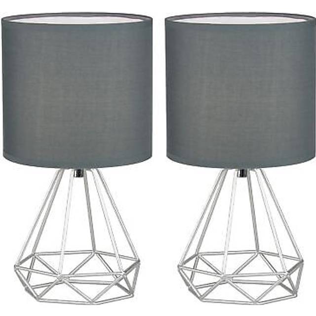 Set of 2 geometric 32cm table lamp bedside lights silver with grey shades