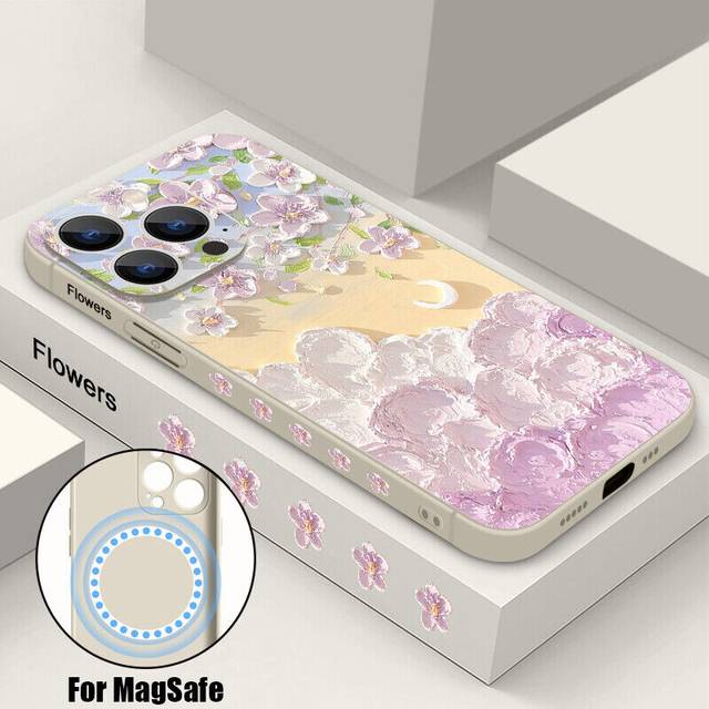 (A622 Beige White, For iPhone 14 Pro Max) For iPhone 16 15 Pro Max 14 13 12 11 Flower Magsafe Magnetic TPU Case Cover