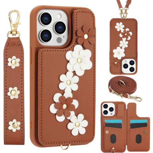 (Brown, For iPhone 14 Pro Max) Cute Flower Crossbody Strap Card Holder Wallet Case For iPhone 16 Pro Max 15 14