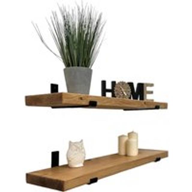 Set of 2 Rustic Wooden Floating Shelves with Black Brackets (Rustic Pine, 120cm) - Light Oak - 1 Pack