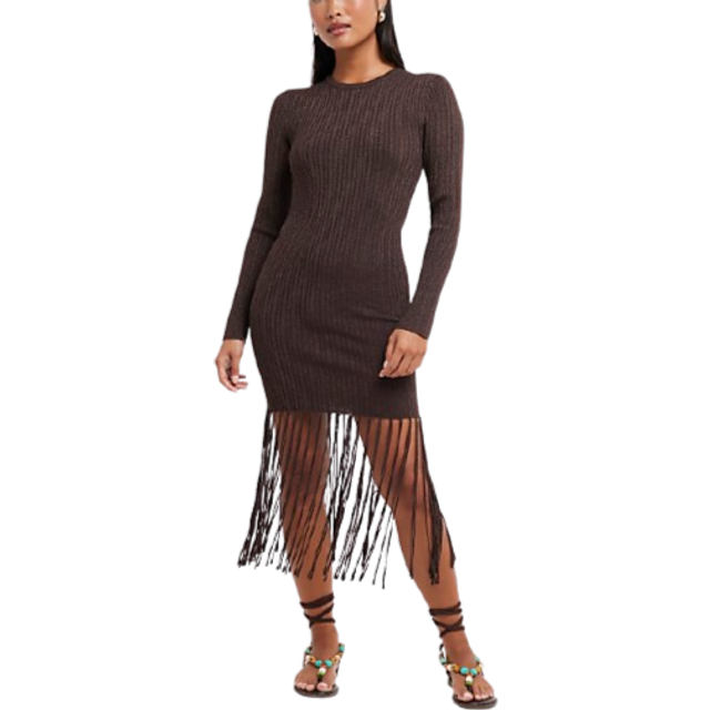 River Island Womens Brown Metallic Fringe Midi Dress - 6