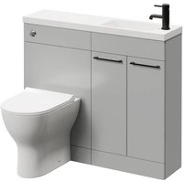 Napoli Combination Vanity Unit Toilet Suite with Slimline 1 Tap Hole Round Basin and 2 Doors with Matt Black Handles | Gloss Grey Pearl | Plastic | 1000mm