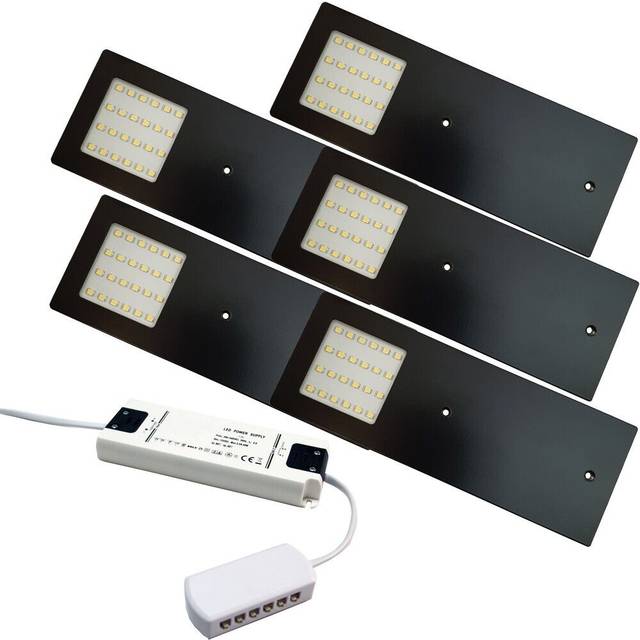 5x MATT BLACK Ultra-Slim Rectangle Under Cabinet Kitchen Light & Driver Kit - Natural White LED - Black - One Size