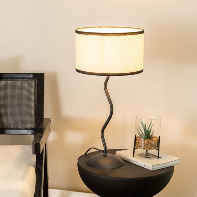 Wiggle Black Metal Single Stem Table Lamp with Linen Black Trim Drum Lamp Shade - One Size