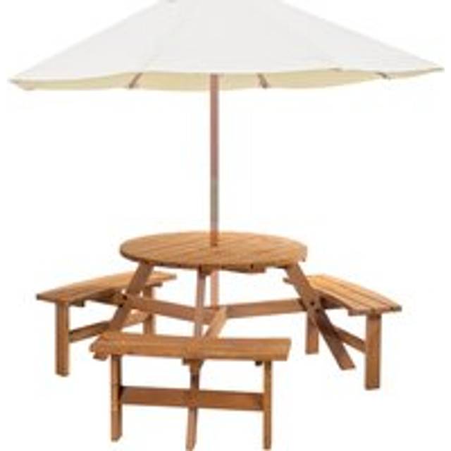 Fir Wood Pub Parasol Table and Bench Set 6 Person Heavy Duty Patio Dining Garden Outdoor Furniture