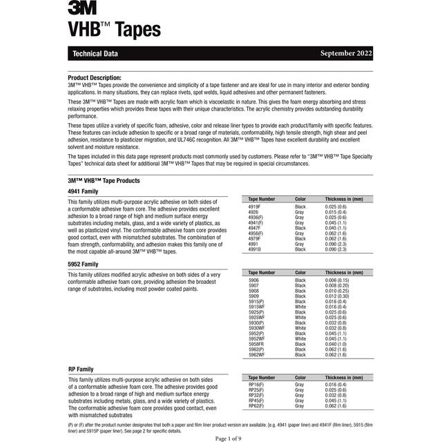 3M 7100211833 VHB™ Adhesive Tape 5952 , 19 mm x 33 m, Black