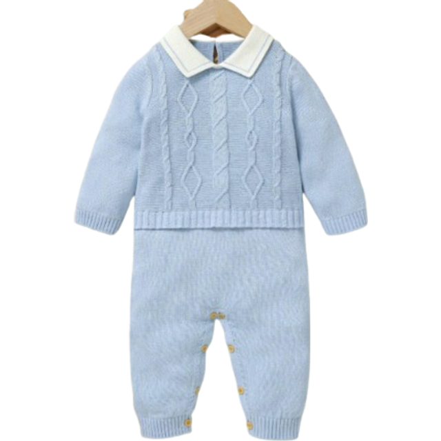 SHEIN Baby Boy Gentleman Style Casual Romper, Classic Cable Knit Turtleneck Long Sleeve Jumpsuit With Shirt Collar Design, Fashionable And Comfortable, Esse