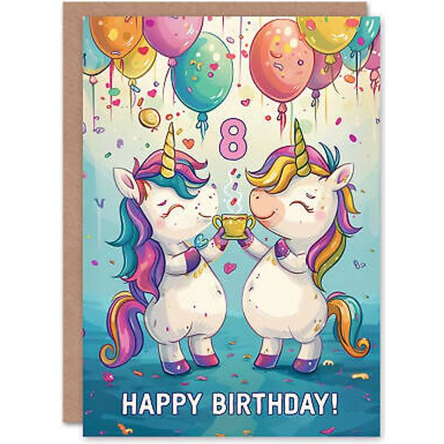 Birthday Card Rainbow Unicorn Party Balloons Cartoon Cute 8th 8 Year Old Child