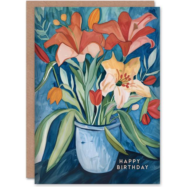 Birthday Card Lily Flower Bouquet Vase Floral Painting For Her Greeting Card