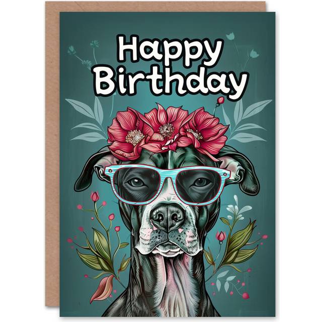Birthday Card Staffy Dog Lover Flowers Sunglasses For Her Woman Greeting Card