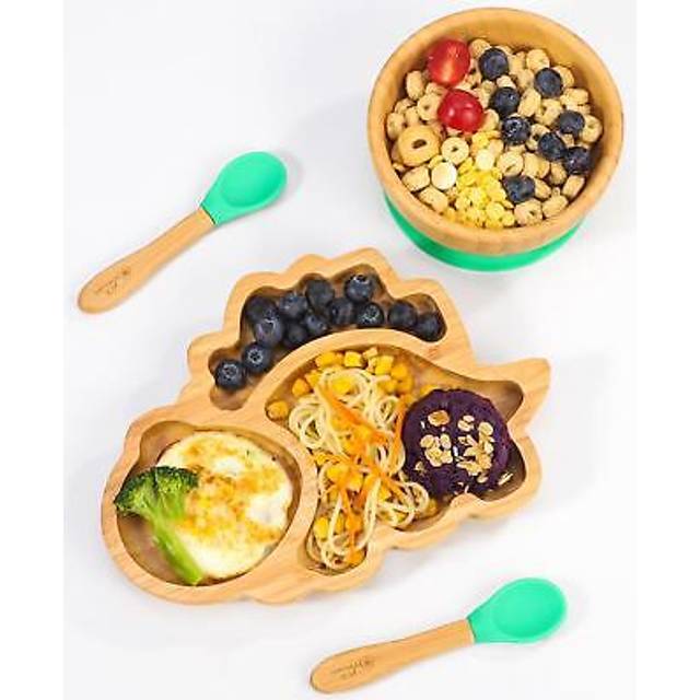 Bamboo Dinosaur Plate Bowl & Spoon Set Suction Bowl Stay-Put Design - GREY