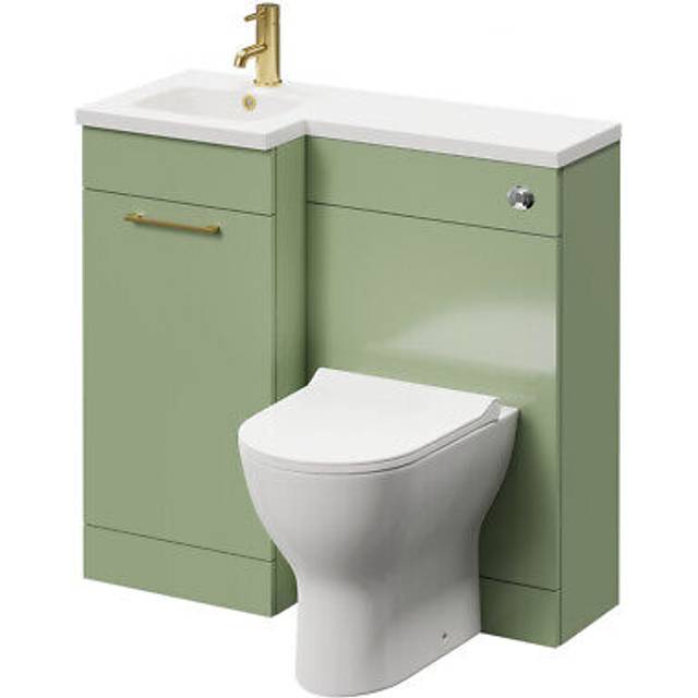 Napoli Combination Vanity Unit Toilet Suite with Left Hand L Shaped 1 Tap Hole Round Basin and Single Door with Brushed Brass Handle | Olive Green | Plastic | 900mm