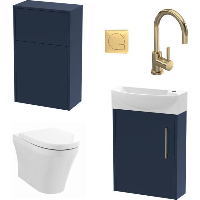 Power Cloakroom Bundle - Left Wall Hung Vanity Unit, Concealed Cistern WC Unit, Toilet & Tap, 440mm - Blue/Brass - Balterley