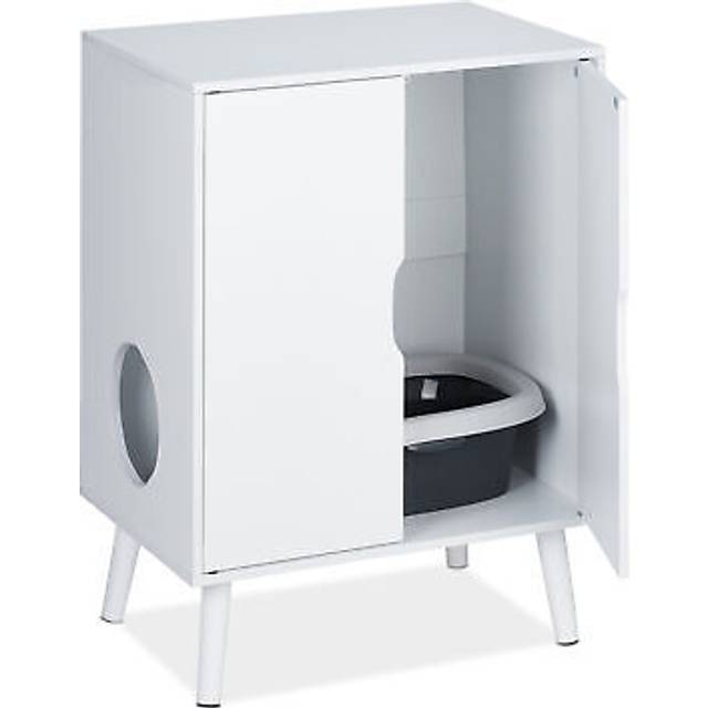 Relaxdays - Cat cabinet, for Hiding Litter Tray, 2 Doors, Entrance, House, Chest of Drawers, HxWxD: 77 x 58 x 40 cm, White