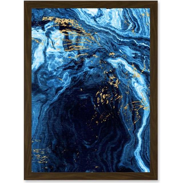Abstract Dark Blue Gold Flow Watercolour Modern Artwork Framed Wall Art Print A4 - Brown - One Size
