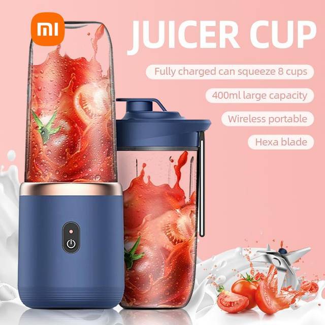 Bärbar 6 blad Juicer Cup 400ML Frukt Juice Cup USB Laddning Liten Juicer Smoothie Blender Kvarn Matberedare Blender Machine Double Cup blå