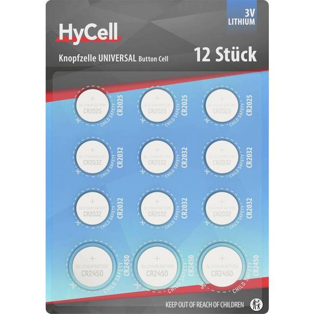 HyCell Litiumknappcellsset CR2025 CR2032 CR2450, 12 stycken, lång hållbarhet, för miniräknare, våg, klocka, bilnyckel, garn-öppnare