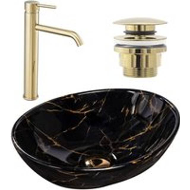 Set countertop washbasin REA sofia marble black + bathroom faucet lungo gold + plug universal gold