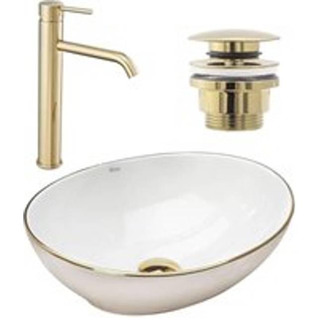 Set Countertop washbasin Sofiagold edge + Bathroom faucet Lungo gold + Plug uniwersalny gold
