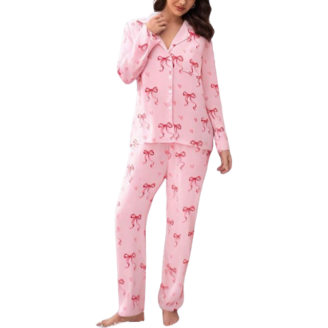 SHEIN 2pcs Women&#39;s Pink Bow Collar Cardigan & Pants Casual Lounge Set. Mommy And Me Matching Outfits (Sold Separately In Sets Of 3)