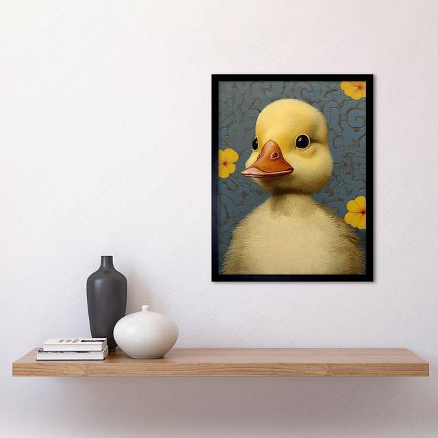 Duckling With Flowers Painting Kids Baby Nursery Duck - Single Picture Frame Art Prints (43.3cm H X 33.3cm W)