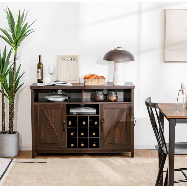 Buffet Storage Cabinet Farmhouse Sideboard W/9-Bottle Wine Rack-Coffee - Brown (80.5cm H X 115cm W X 40cm D)