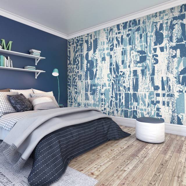 Origin Murals Letterpress Graffiti Denim Blue 3M X 2.4M Wall Mural, Blue