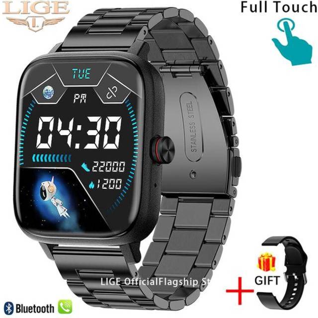 LIGE Call Smart Watch Women Custom Dial Smartwatch For Android IOS Waterproof Bluetooth Music Watches Full Touch Bracelet Clock Steel Belt black