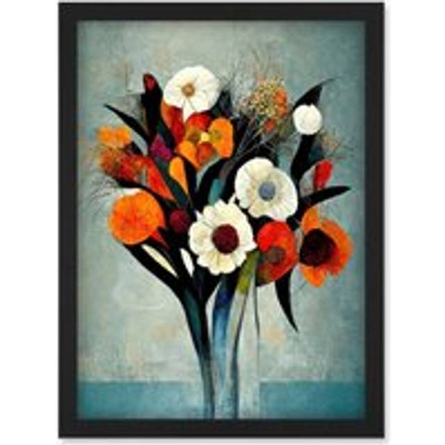 Teal Orange Flowers Floral Bouquet Modern Artwork Framed Wall Art Print A4 - Black - One Size