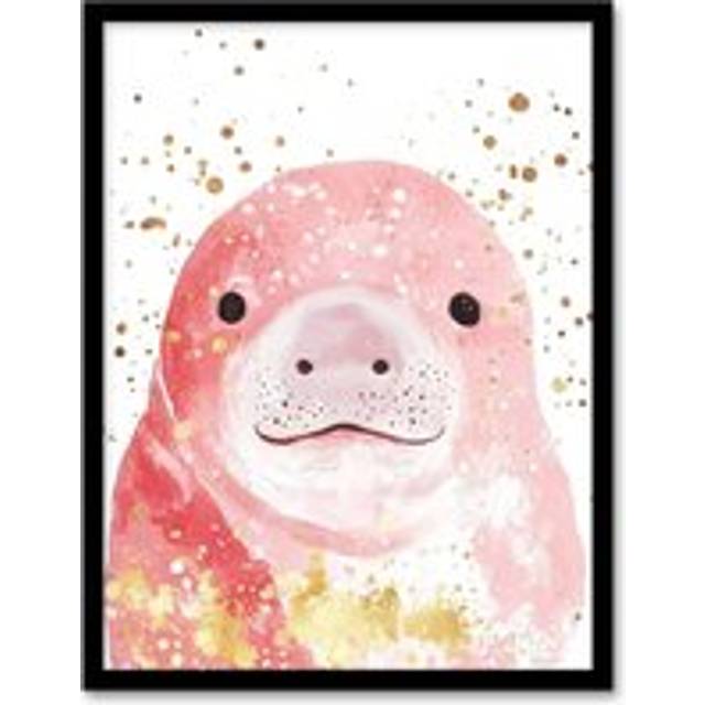 Cute Baby Manatee Pink Gold Paint Splatter Framed Art Print - W12 inch x H16 inch