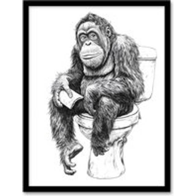Orangutan Ape On Toilet Funny Black White Drawing Framed Art Print - W12 inch x H16 inch