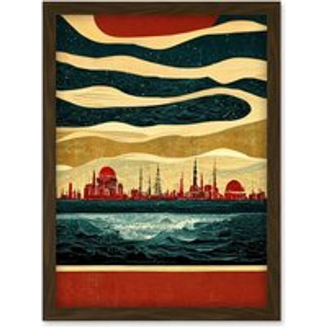 Abstract Seascape City Shoreline Artwork Framed Wall Art Print A4 - Brown - One Size