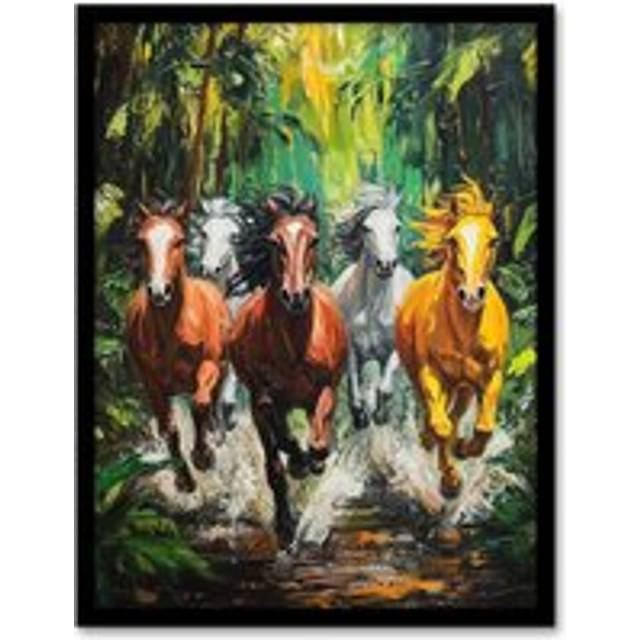 Wild Horses Galloping Through Forest Oil Painting Framed Art Print - Green - A4