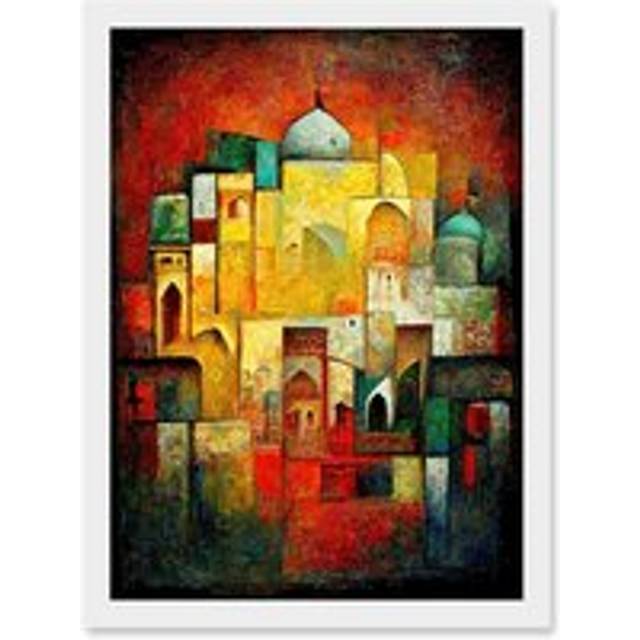 Modern Asian Abstract City Oil Artwork Framed Wall Art Print A4 - White - One Size