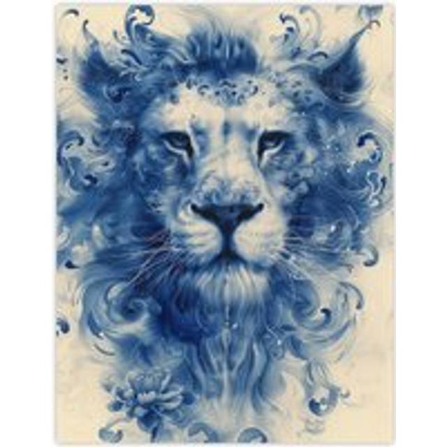 Wall Art Print Lion Head Blue Chinese Porcelain Pattern Poster - W12 inch x H16 inch