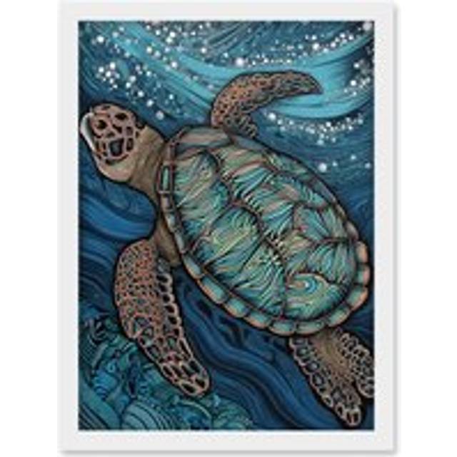 Vibrant Sea Turtle Swimming Under the Surface Artwork Framed Wall Art Print A4 - White - One Size