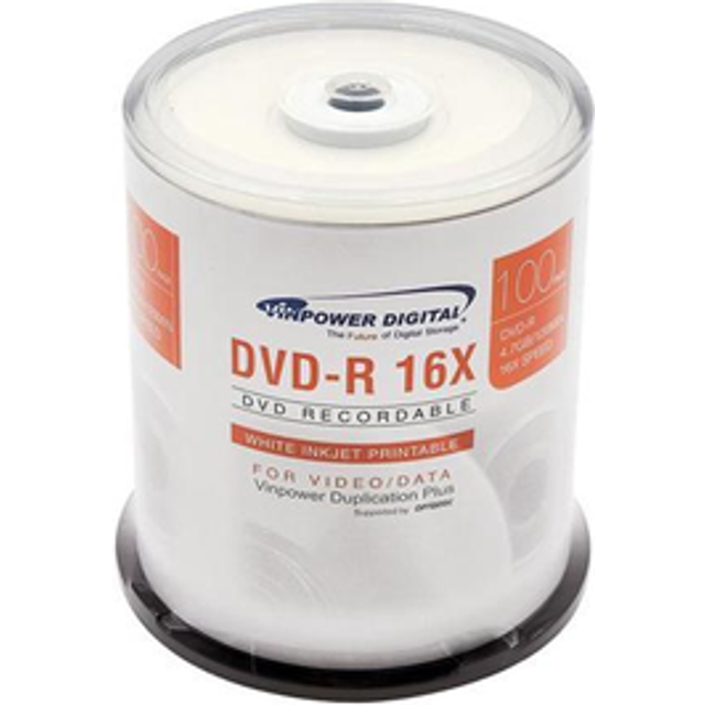 Vinpower Digital DVD-R 4.7GB 16x White Inkjet Printable Hub Recordable Media - 100 Disc Cake Box Spindle