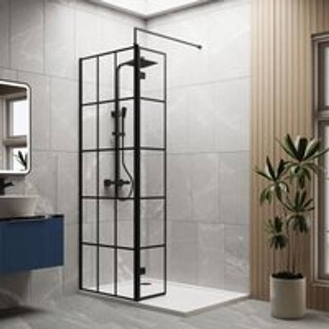 8mm Glass Walk In Wetroom Screen and Hinged Return Screen with Black Framed Design and Shower Tray - 1200 x 900mm