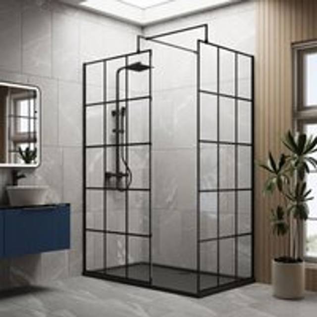 8mm Glass Walk In Wetroom Screens with Matt Black Framed Design and Slate Grey Shower Tray - 1400 x 700mm