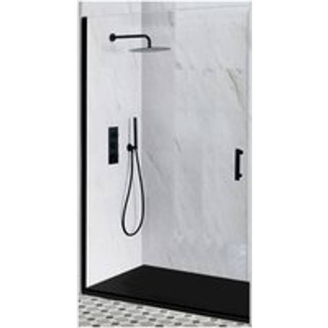 Milano Nero Black Reversible Recessed Hinged Door Shower Enclosure and Graphite Slate Effect Tray with Fast Flow Waste - 900mm x 900mm