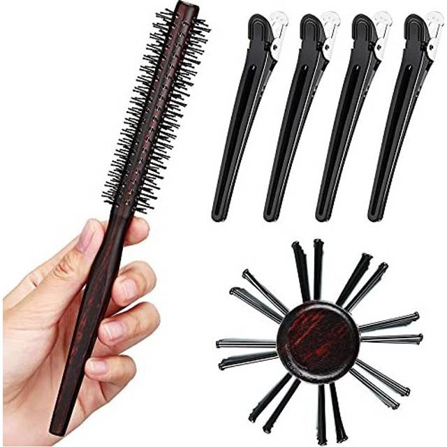 1 Inch Small Round Brush for Short Hair, Styling Hair Brush for Pixie, Quiff Roller Nylon Bristle with 4 Pieces Hair Clips for Bangs, Thin Hair, Fine