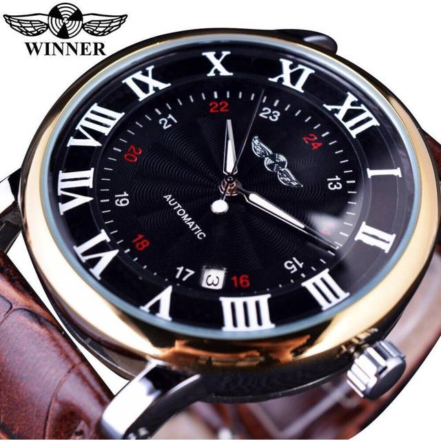 (black) WINNER Rome Number Fashion Men Brand Sport Wristwatches Self wind Automatic Mechanical Calendar Leather Watch Clock