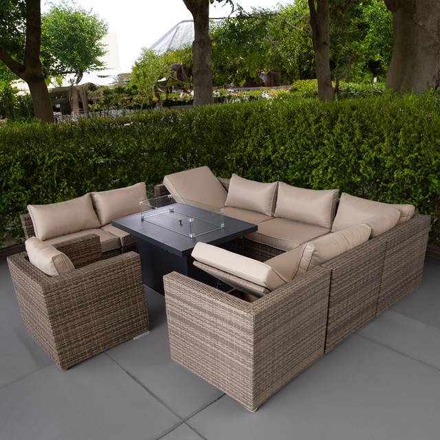 Rattan Corner 7 Seater Rattan Garden Furniture Gas Fire Pit Set - Grey