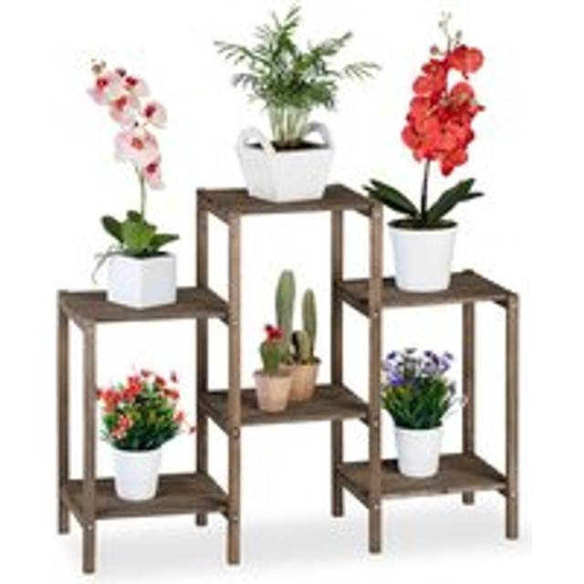 Wooden Flower Ladder Rack, Shabby Look, Indoor Use, Freestanding, Plant Stand, 6 Shelves, 70x89x27 cm, Brown - Relaxdays