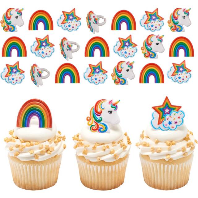 DecoPac Rainbow Unicorn Rings  Cupcake Decorations  Magical Food Safe Cake Toppers  MultiColoured  24 Pack