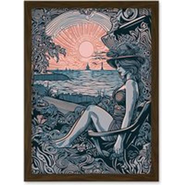 Summer Sunbathing Coastal Landscape Illustration Artwork Framed Wall Art Print A4 - Brown - One Size