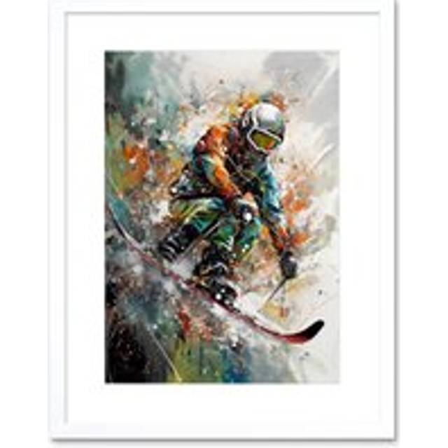 Wall Art Print Skier Skiing Winter Sport Paint Splat Painting Artwork Framed 9X7 Inch - White - W7 inch x H9 inch