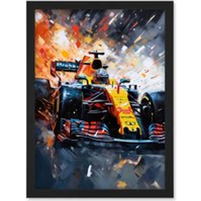 Grand Prix Race Car in Action on Track Circuit Artwork Framed Wall Art Print A4 - Black - One Size