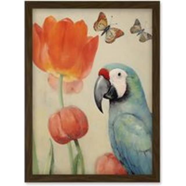 Wall Art Print Parrot and Tulips Flowers Butterflies Pastel Colour Artwork Floral Spring Oil Painting Artwork Framed A4 - Brown