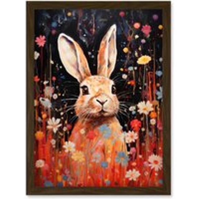 Wall Art Print Spring Bliss Oil Painting Cute Bunny Rabbit in a Daisy Flower Meadow Kids Bedroom Artwork Framed A4 - Brown - A4